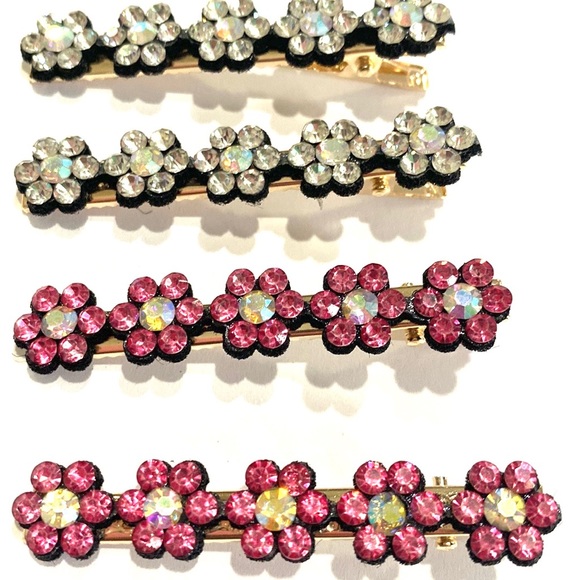 Hair Clips Clear And Pink Rhinestone Flowers Gold Tone Set Of 4 - Picture 4 of 4